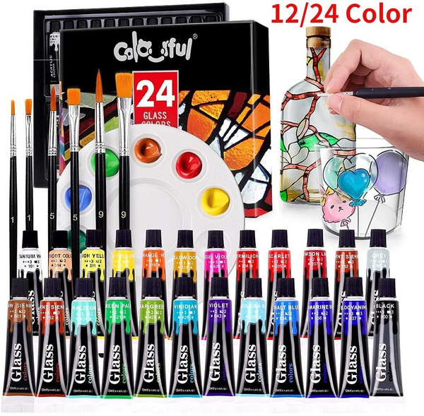 COLORFUL Stain Glass Paint Set with 6 Brushes, 1 Palette, 12/24 Color