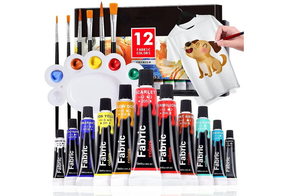 Colorful Fabric Paint Set for Clothes with 6 Brushes, 1 Palette, 12 Colors  - Permanent Textile Paint Puffy Paint Kit for Shoes, Canvas - Non-Toxic