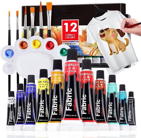 Fabric Paint Set for Clothes with 6 Brushes, 1 Palette, 12 Colors -  Permanent Textile Paint Puffy Paint Kit for Shoes, Canvas - Non-Toxic Slick Painting  Set for Adults, Beginner & Artists