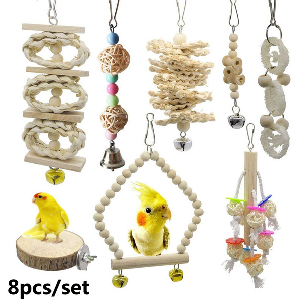 8 Pcs/Set Bird Parrot Swing Toys Chewing Standing Hanging Perch Hammock ...