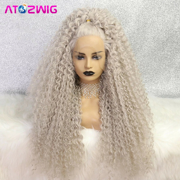 White Blonde Long Curly Afro Hair Synthetic Lace Front Wigs for