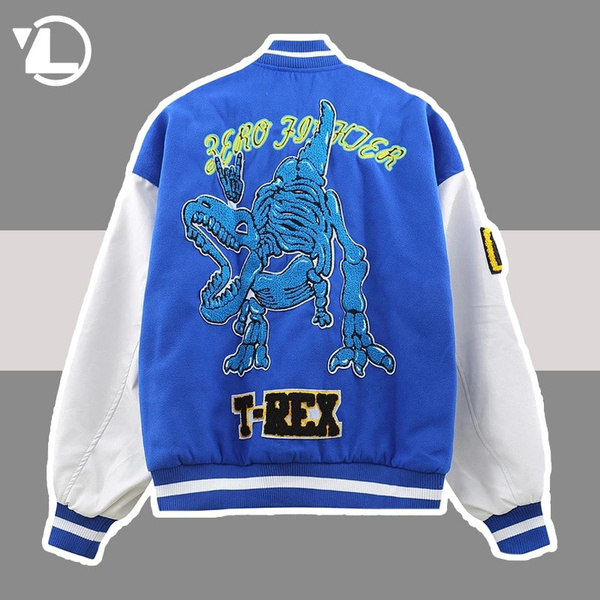 Hip Hop Varsity Baseball Jacket Men Skeleton Dinosaur Embroidery 