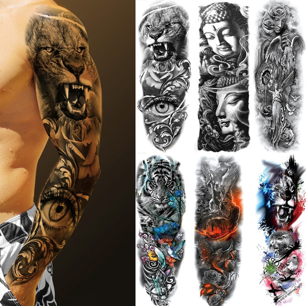 Large arm sleeve tattoo lion crown king rose waterproof temporary tatoo  sticker wild wolf tiger men full skull totem tatto | Fruugo AE
