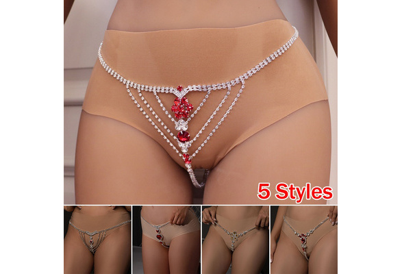 Women Red Crystal Rhinestone Sexy Body Chain Lingerie Thong Panties Belly  Waist Chain Body Jewelry