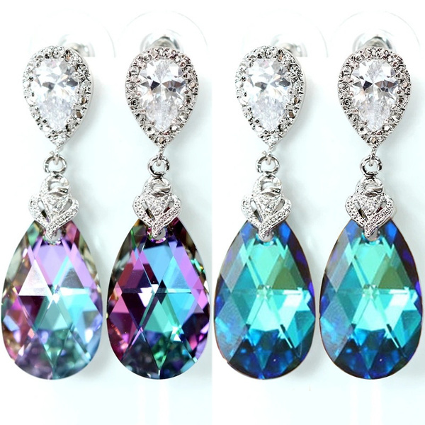 Big Crystal Rhinestone Drop Earrings Fashion Jewelry Silver / Green