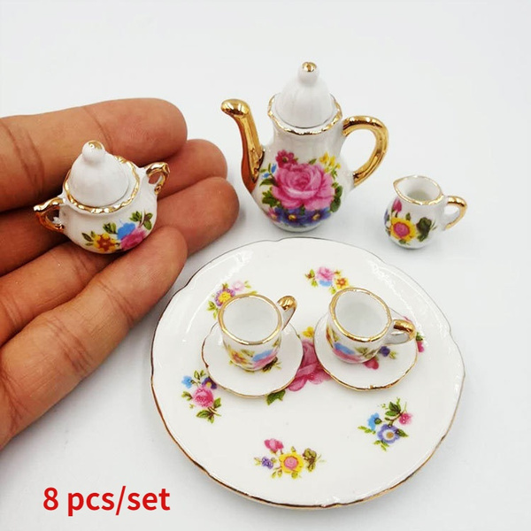 15Pcs 1:12 Miniature Porcelain Tea Cup Set Flower Tableware