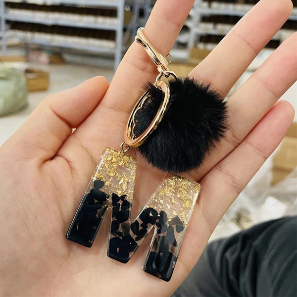 1Pc Black Pompom Letter Keychain English Alphabet Keyring Glitter Gradient  Resin Car Mirror Accessory Women Handbag Charms