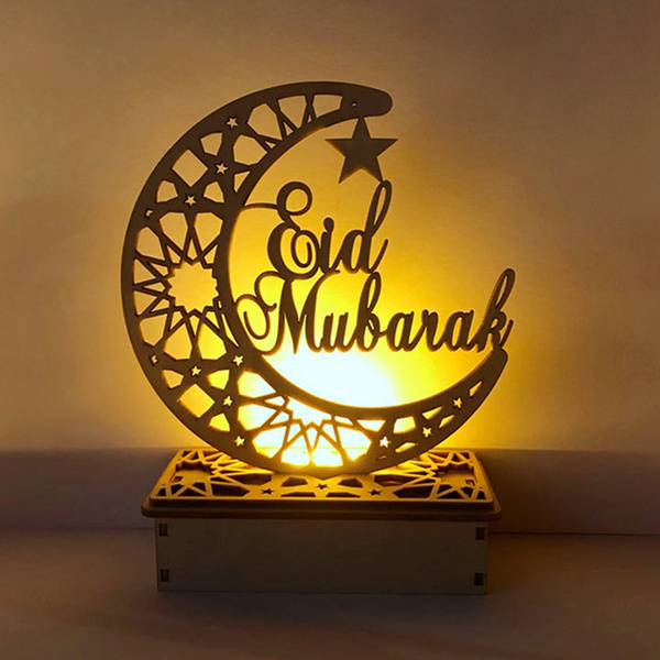 EID Mubarak Wooden Pendant Moon Star Lights Table Top Ornaments for ...