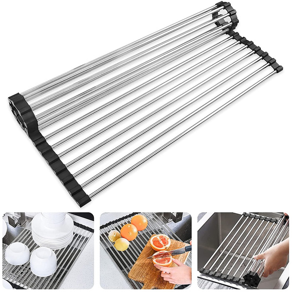Foldable Dish Drying Rack Roll-up Sink Dish Rack Drainer Stainless Steel  Kitchen Sink Rack