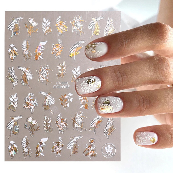 3D Nail Stickers Holographic Laser Gold White Flowers Leaf Abstract