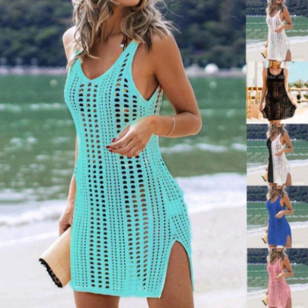 Summer Womens Hollow Dress Sexy Perspective Plus Size Beach Bikini Blouse Knitted Sling Sun 