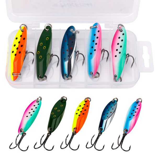 5 Pieces 5 Sizes Fishing Lures Fishing Spoons Saltwater Treble Hooks Lures  Hard Metal Spinner Baits Casting Spoon Lures for Salmon Bass In 1/5 Oz 1/4  Oz 3/8 Oz 1/2 Oz 3/4 Oz
