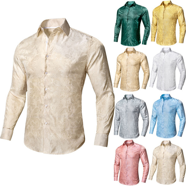 HiTie Mens Casual Fashion Silk Shirt Green Pink Silver Paisley Mens