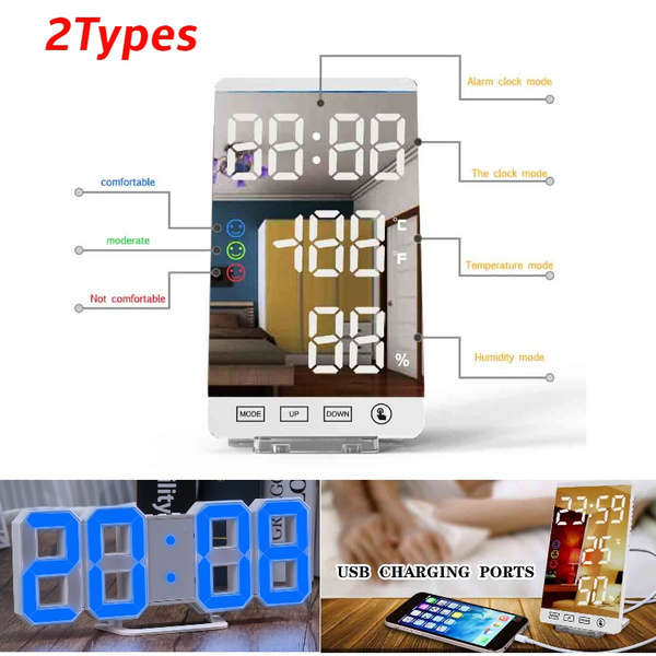 2 Types New Modern 3D Digital Alarm Clock Digital LED Mirror Surface