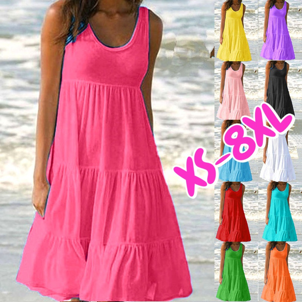 XS-8XL Plus Size Fashion Clothes Casual Spring Summer Dresses Sleeveless Dress Loose Tank Top Dresses Solid Color Dress Cotton O- neck Off Shoulder Dresss Pleated Halter Dress Ladies Mini Dress Beach
