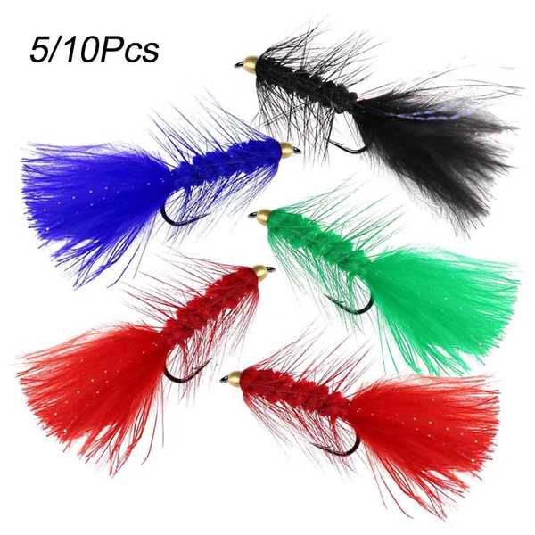 5/10Pcs/Box Brass Bead Head Wooly Bugger Streamers Fishing Fly Lures Red  Black Saltwater Fly Tying Hook Trout Flies Bait