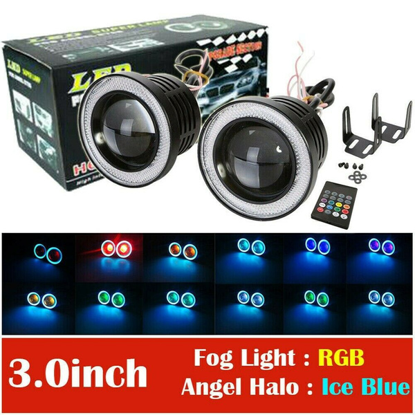 2x 3" RGB LED Projector Fog Lights Driving W/ Ice Blue COB Angel Eyes