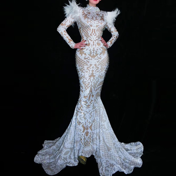 Catwalk Dress Rhinestones Evening Women Long Prom Dress Ceremonial Toast White Feather Printed ...
