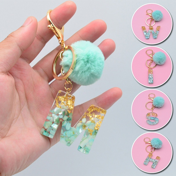 Cute Keyring Green Pompom Fur Ball 26 Letter Keychain Resin Key Chains  Handbag Charms For Woman Ornaments Accessories Gift