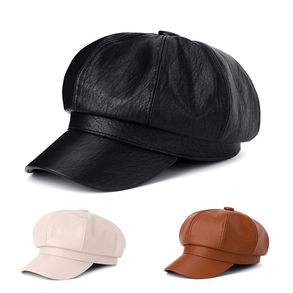Huablo]PU Leather Newsboy Cabbie Winter Hat For Women Beret Hat 2