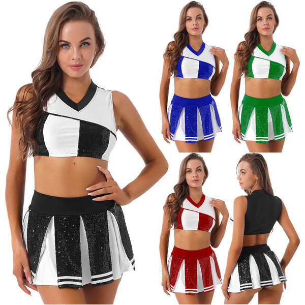 Women Schoolgirls Cheer Leader Uniform Crop Top with Pleated Skirt ...