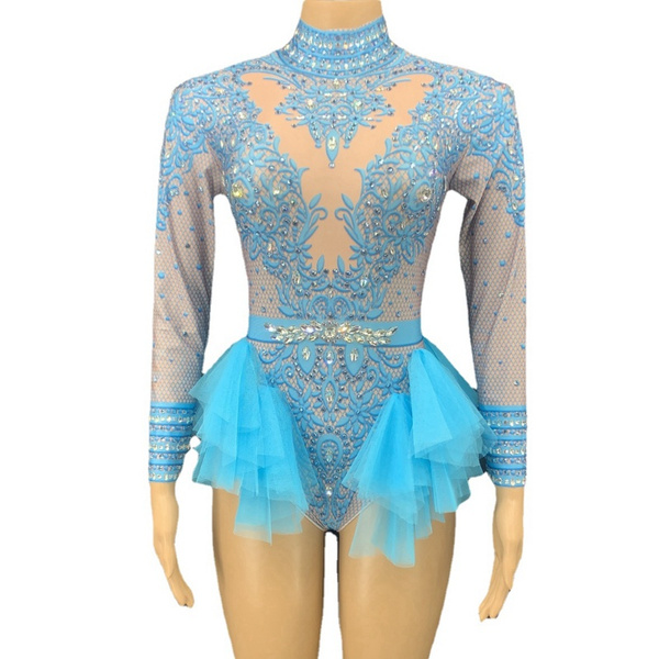 Rhinestone Print Women Ballroom Leotards Long Sleeves Stretch Bodysuit