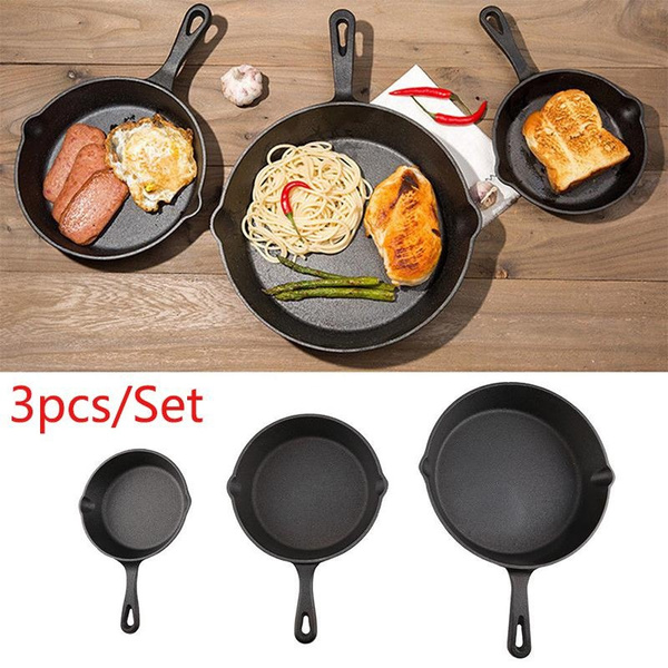 3PCS CAST IRON Non-Stick Frying Griddle Pan Barbecue Grill Fry BBQ Skillet Set 