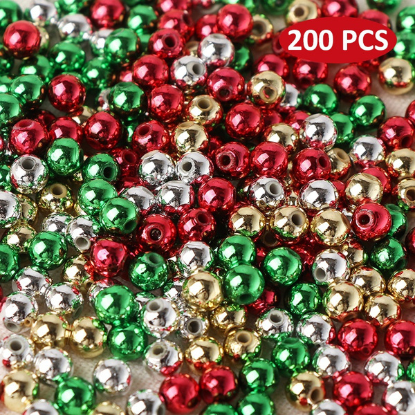 200pcs Christmas Beads Round Pony Beads Red Green Silver Gold Plastic Craft  Beads for Jewelry Making Necklace Bracelet DIY Craft Home Hanging Ornament  Supplies