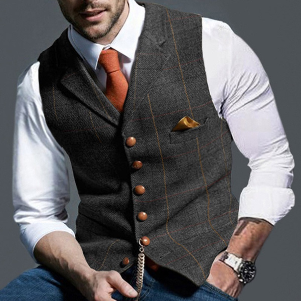 Men's Jacket Vest Woolen Casual Vest Business Slim Retro Dress