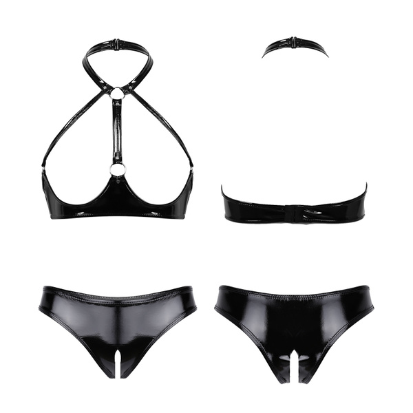 Women's Wet Look Leather Swimsuit Buckled Bra Micro G-String Thongs Bikini  Set