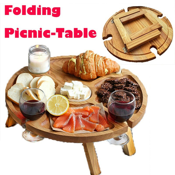 Wooden Outdoor Indoor Folding Picnic Table with Glass Holder Round