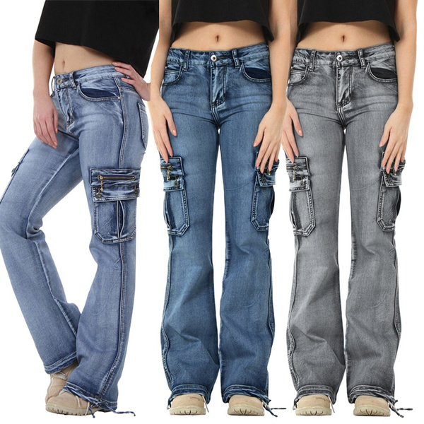 2022 New Fashion Women Casual Cargo Pants Ladies Denim Trousers Jeans Multi  Pockets Girls Vintage Jeans Skinny Long Pants Bootcut Jeans Plus Size S-5XL
