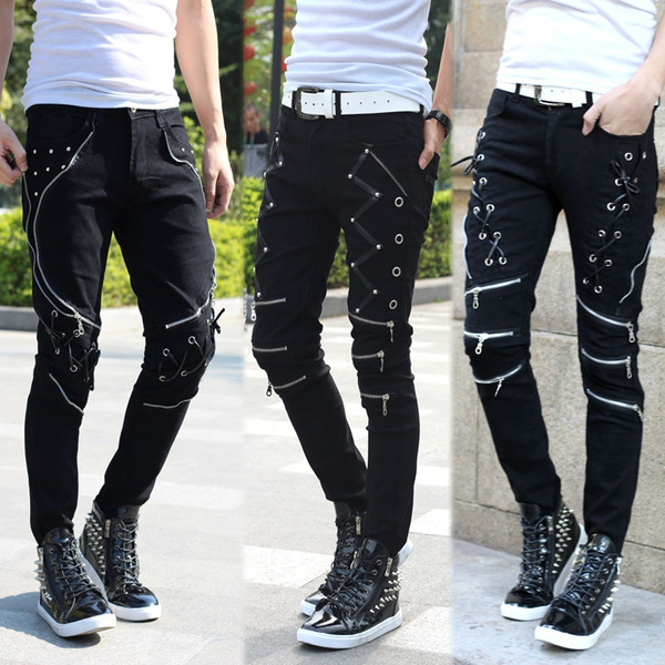 New Men Rock Punk Skinny Pants PU Leather Slim Biker Pants Zipper Trousers  Men Jean Skinny Gothic Pants Plus Size