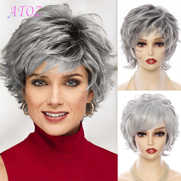 5 Style Short Gray Curly Wigs for White Women Sliver Grey Pixie