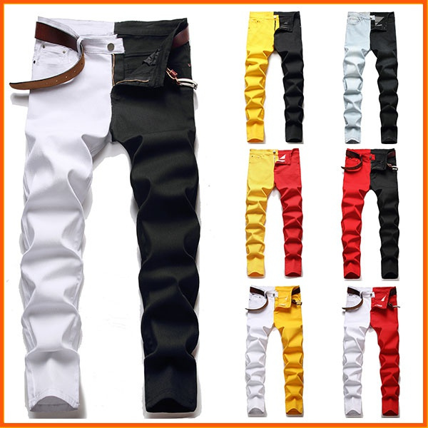 2022 New Mens Ripped Jeans Casual Stitching Two-color Pants Motorcycle  Denim Pants 7 Colors