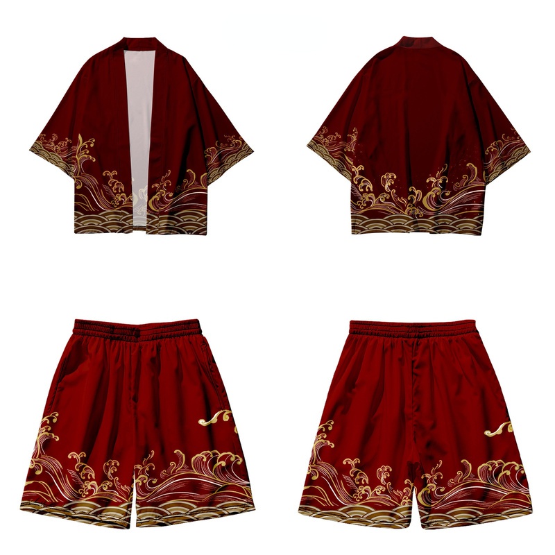 Men Kimono Coat Outwear Top Shorts Costume Elastic Waist Japanese