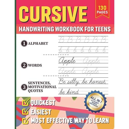 Cursive Handwriting Workbook For Teens: Hand Writing Practice Or ABC ...