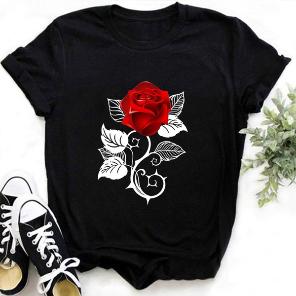 rijk Genealogie belediging Girls and Women's Fashion Red Rose Printed T-Shirt Cute Graphic Tee Shirt  Ladies Summer T-shirts Casual Plus Size Tops Flower T Shirts | Wish