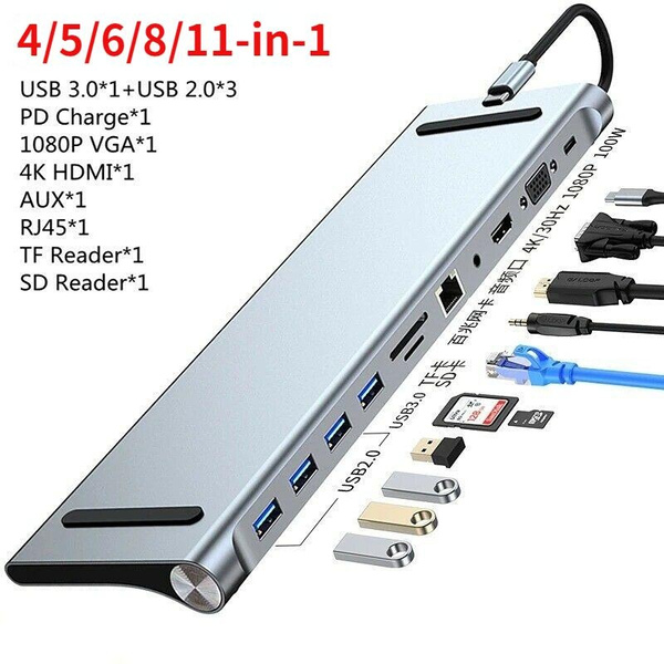 4/5/6/8/11in1 USB C Hub Adapter 4K HDMI/USB/AUX/SD Card Reader RJ45
