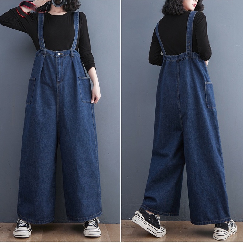 Wide Leg Women Denim Overalls Strap Pants Suspender Trousers