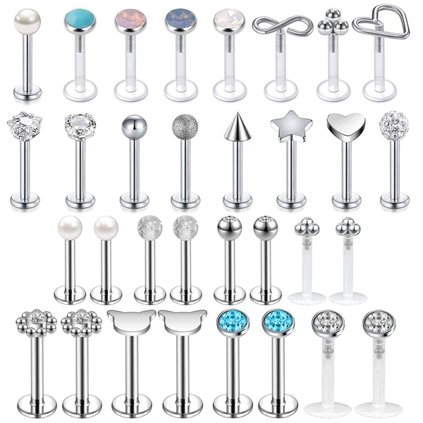 32Pcs/Lot 16G CZ Crystal Lip Piercing Set Stainless Steel Lip Studs