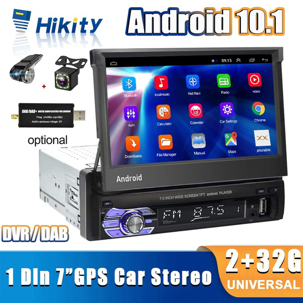 HIKITY New [2G+32G] Single 1 Din Android 10.1 GPS Car MP5 Player Car Stereo  Radio 7'' 1 Din HD Retractable Touch Screen Autoradio Suppport DVR SAT NAV  USB FM Rear View Camera+DVR+DAB(optional)