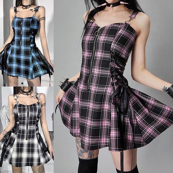 Plaid Pleated Lolita Mini Dress Women Punk Emo Harajuku Shirt Y2k Zipper  Bandage Corset Dress Vintage Dark Gothic Alt Outfits