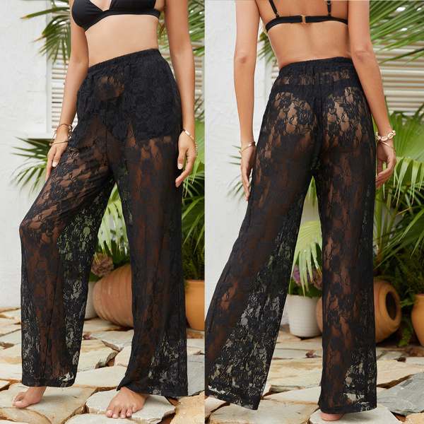 Womens See Through Mesh Cover Up Pants High Waist Hollow Out Floral ...