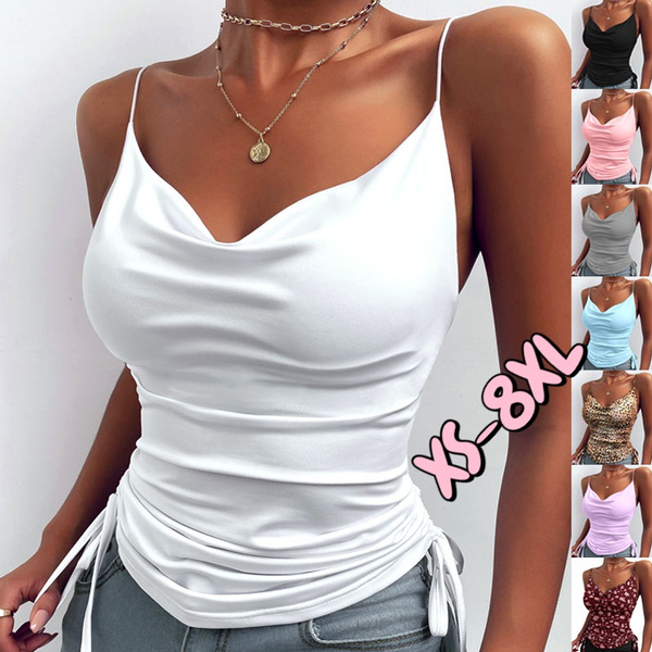 XS-8XL Plus Size Fashion Clothes Women's Summer Tops Casual Sleeveless  Blouses Slim Fit Club Wear Tops Ladies V-neck String Strap Elegant  Camisoles Vest Solid Color Bottoming Tops Party Wear Bodycon Shirts Off