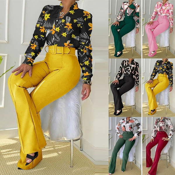 2022 New Fashion Ladies Casual Suit Printed Stand Collar Long Sleeve Shirt  Top Wide Leg Pants Two Piece Set
