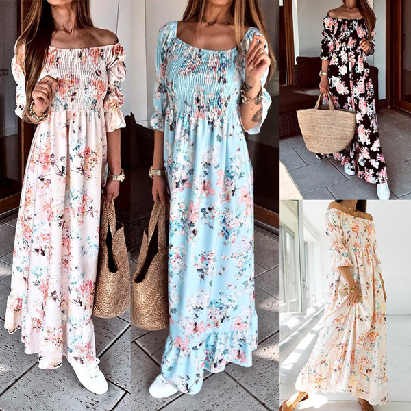 Buy Amegoya Women's Casual Short Sleeve V Neck Floral Chiffon Maxi Dresses  Summer High Waist Boho Beach Flowy Ruffle Long Dress, 1-blue, Small at  Amazon.in