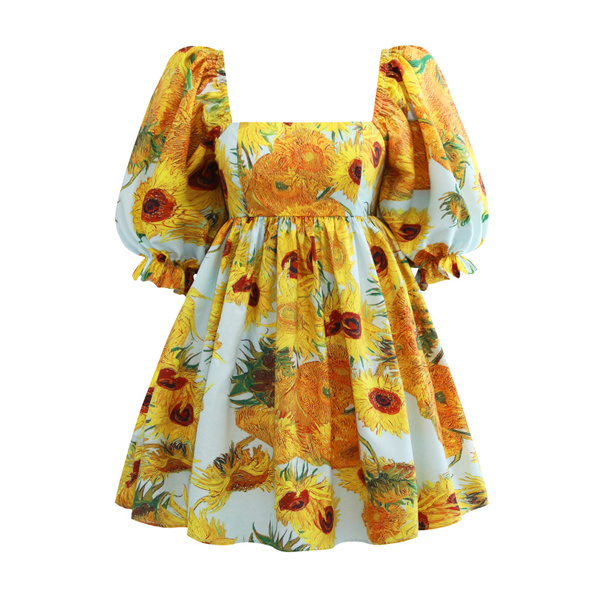 New Women Puff Sleeve Dress Sweety Sunflower Printed Pleated Square ...