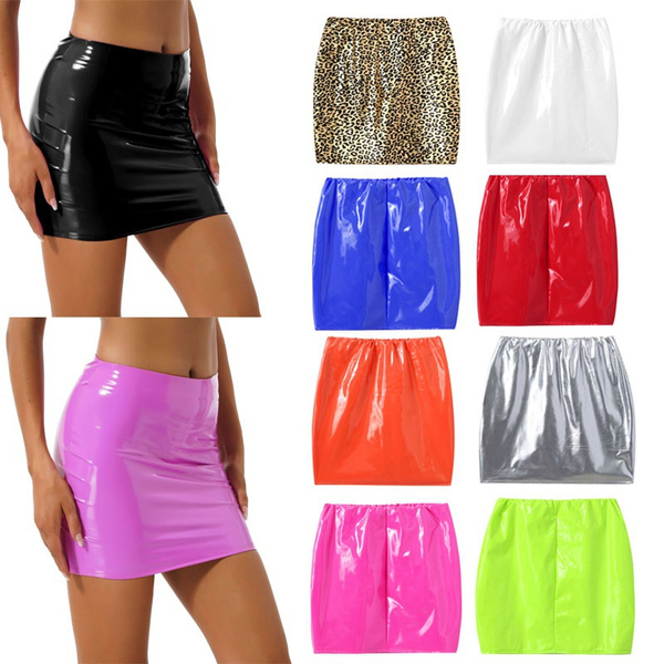 Women Skirts Glossy Patent Leather Miniskirt Solid Color Elastic Waistband Pencil Skirt Shiny