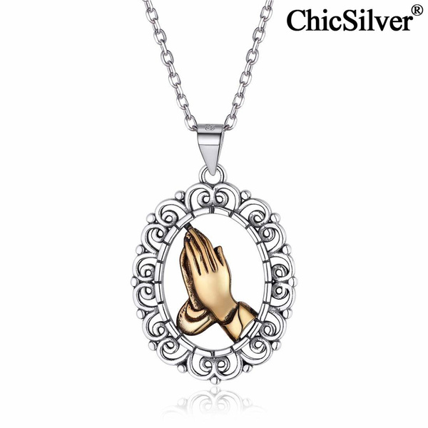 ChicSilver Prayer Necklace Gold&Silver Two Tone Praying Hands Pendant ...